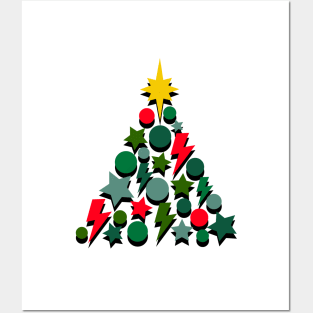 Red and Green Christmas Tree, Lightning, Star and Baubles Posters and Art